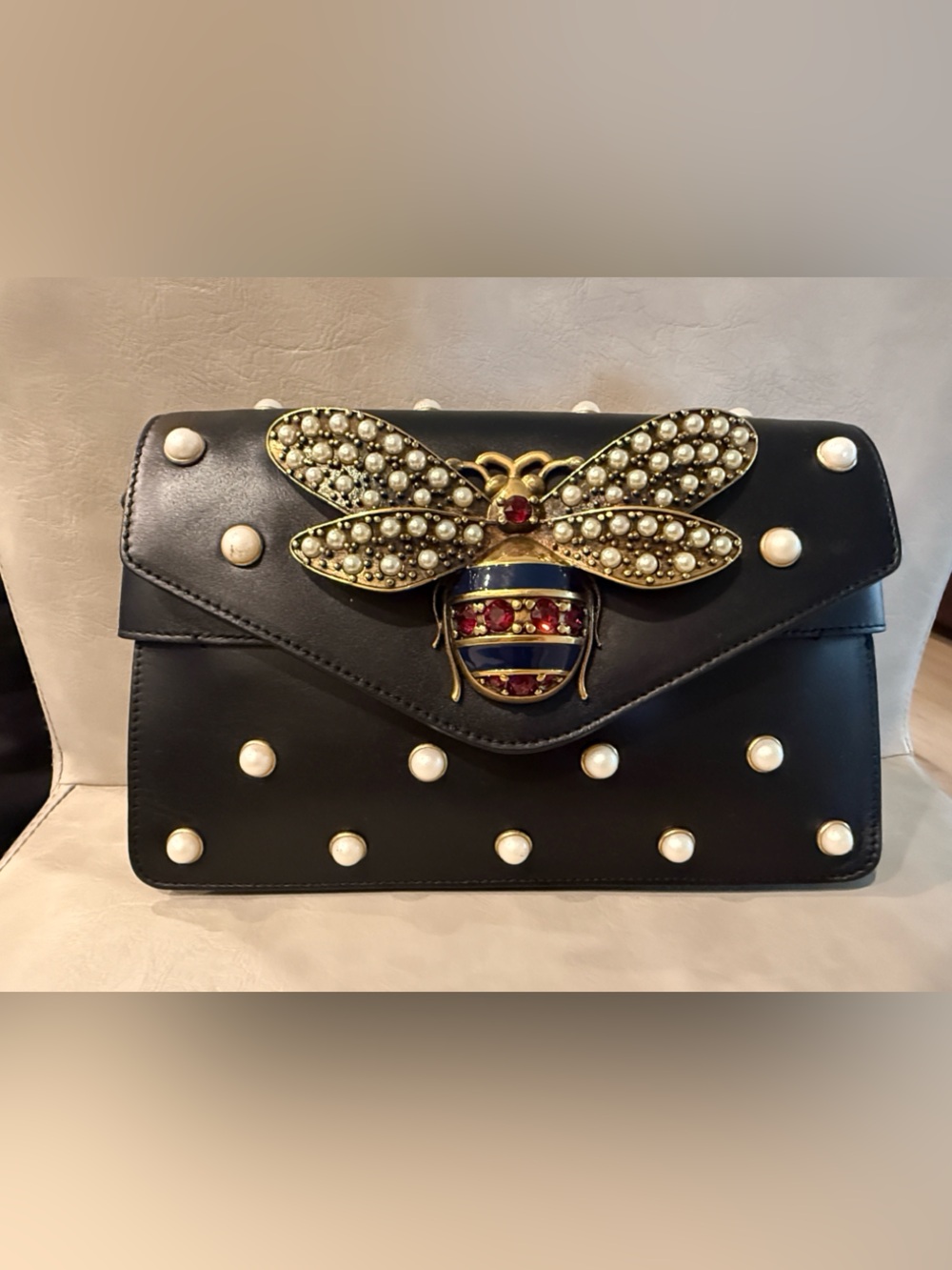 GUCCI Broadway Pearly Bee Shoulder Bag Embellished Leather Mini -pre owned